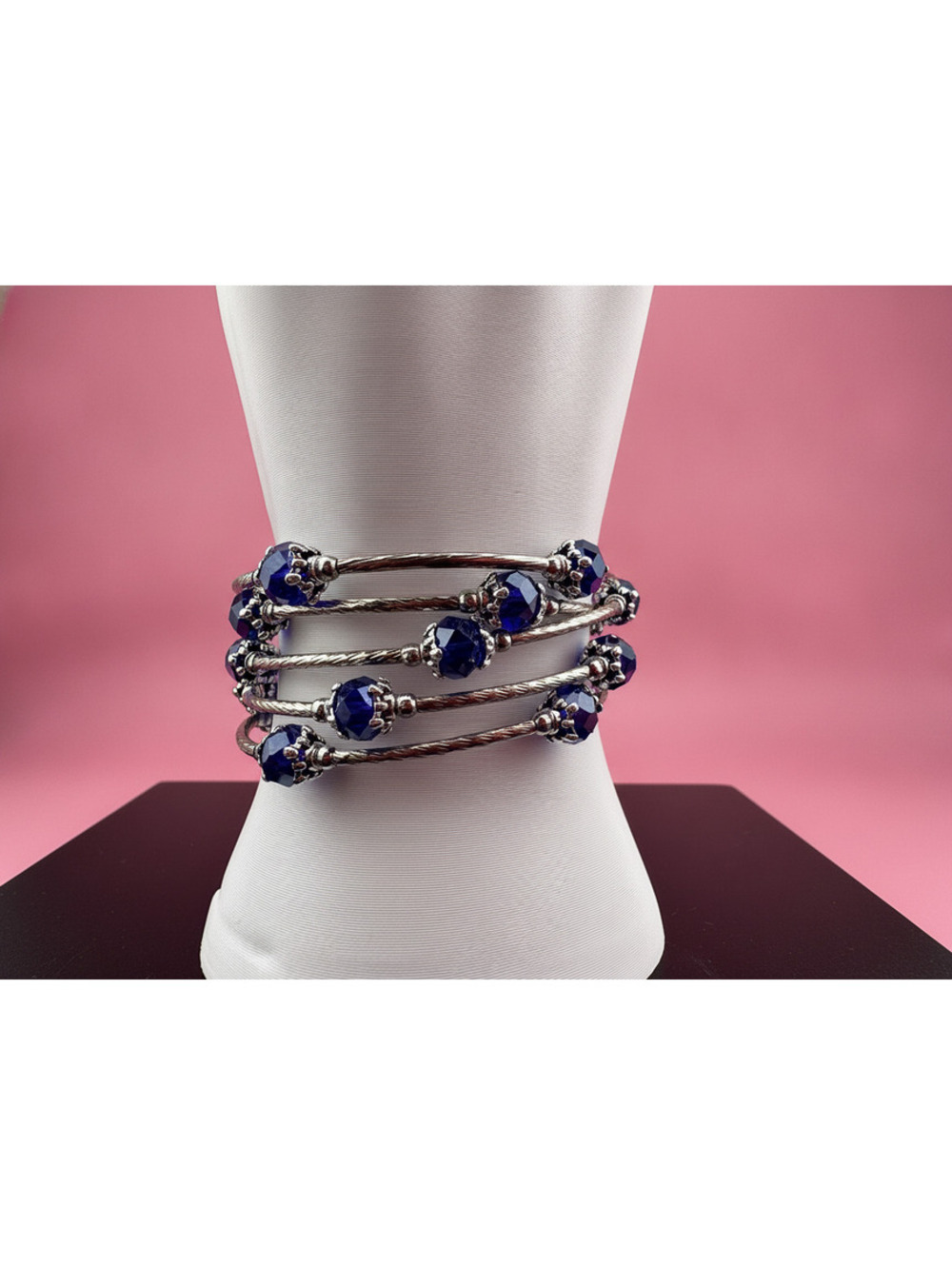 Silver Tone Wire Wrap Bracelet with Dark Blue Beads